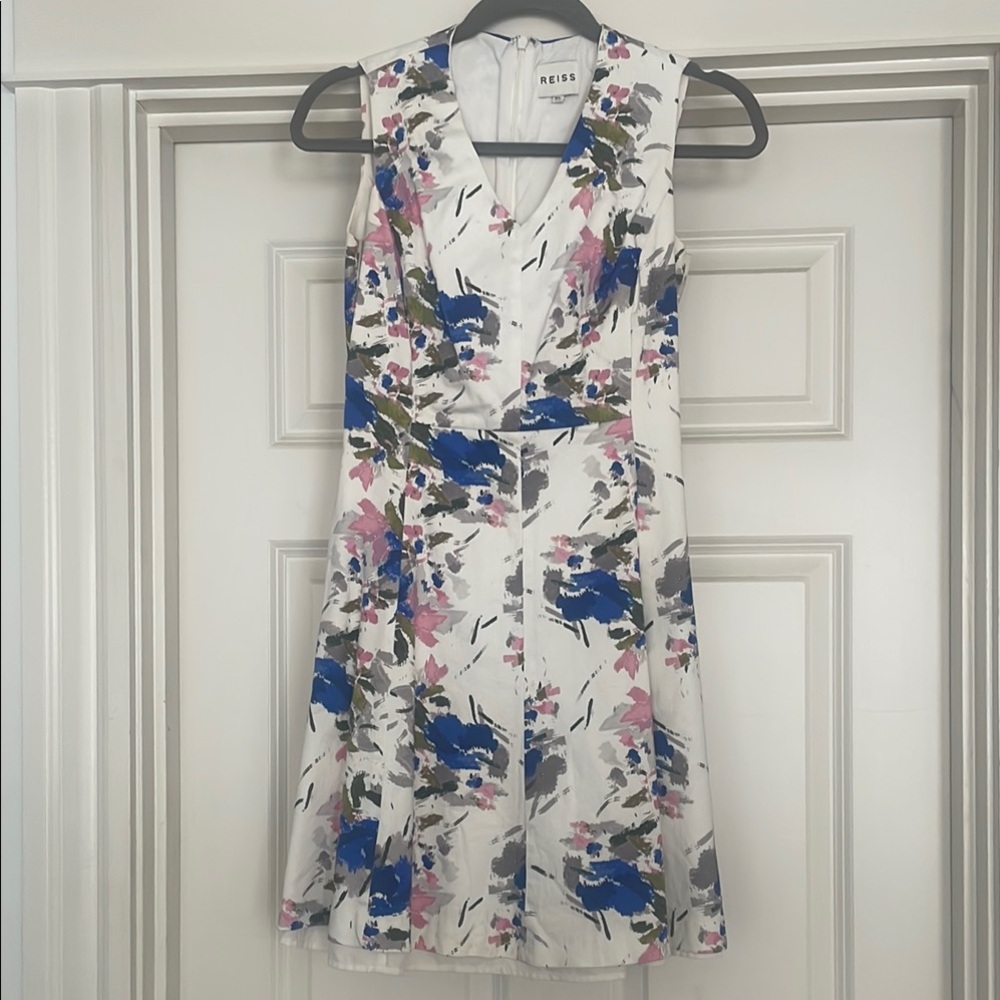Reiss Blue Pink Mini Dress V-Neck Sleeveless Wedding Guest
